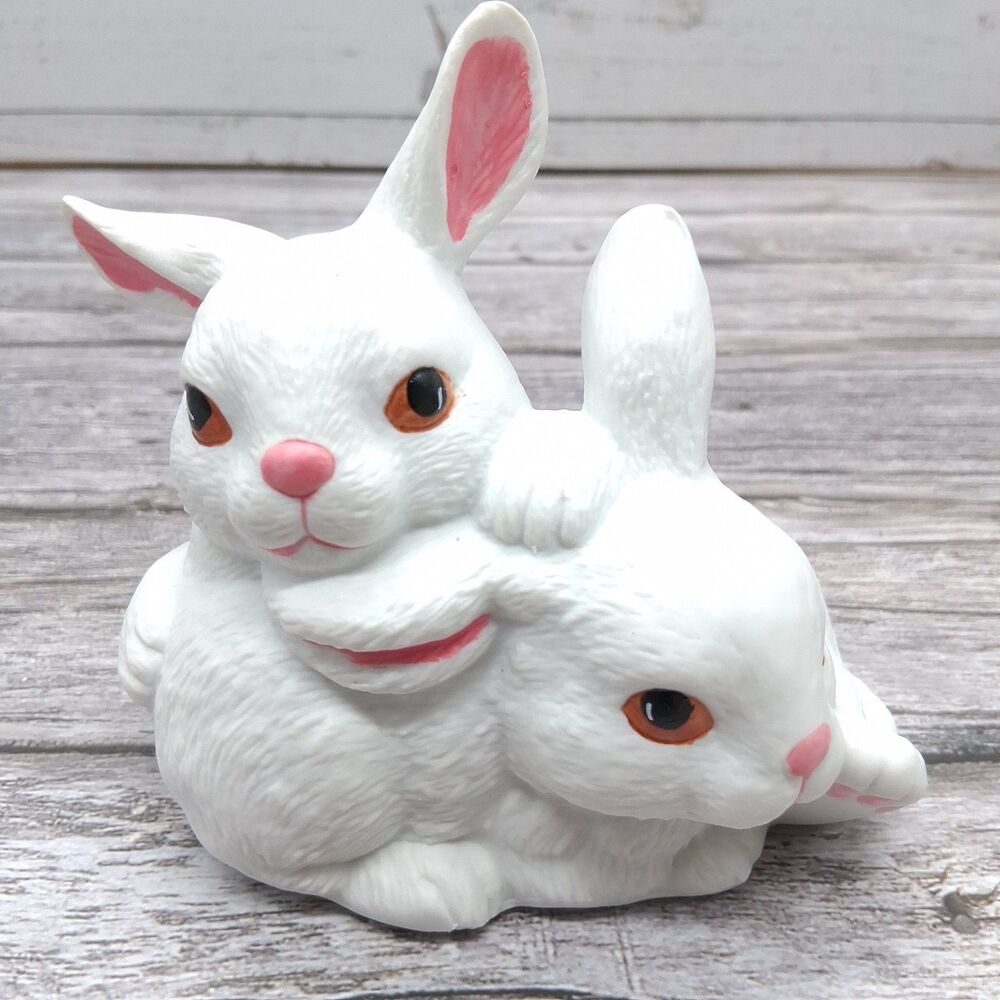 Vintage Bunny Rabbits Night Light Small White Ceramic Table Lamp Decor